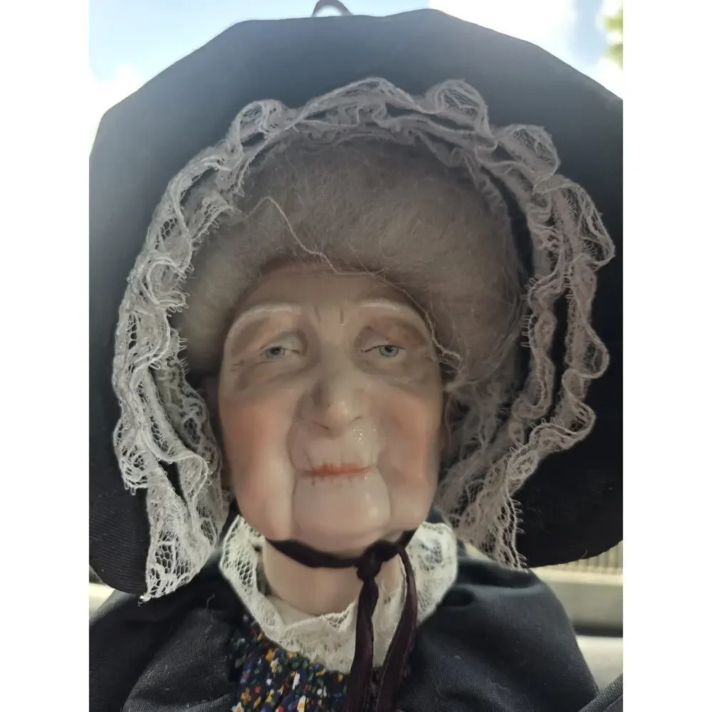 Vintage 1985 Darlene S Signed Artist Bisque Grandma Doll Folk Art w/ Miniatures